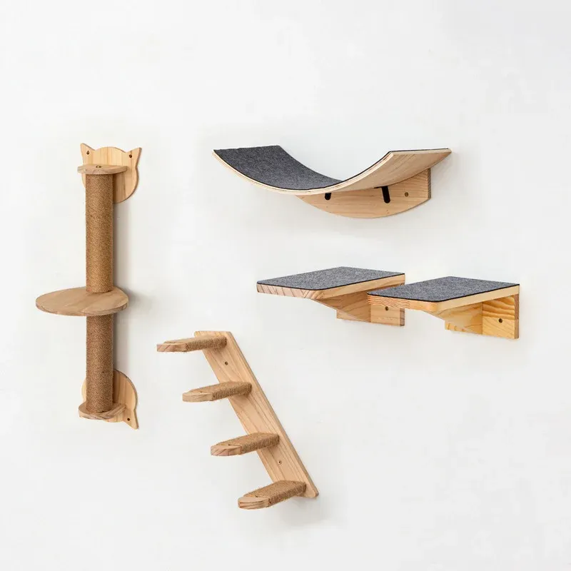 Cat Wall Shelves Set with Curved Hammock & Sisal Scratch Post - Image 1