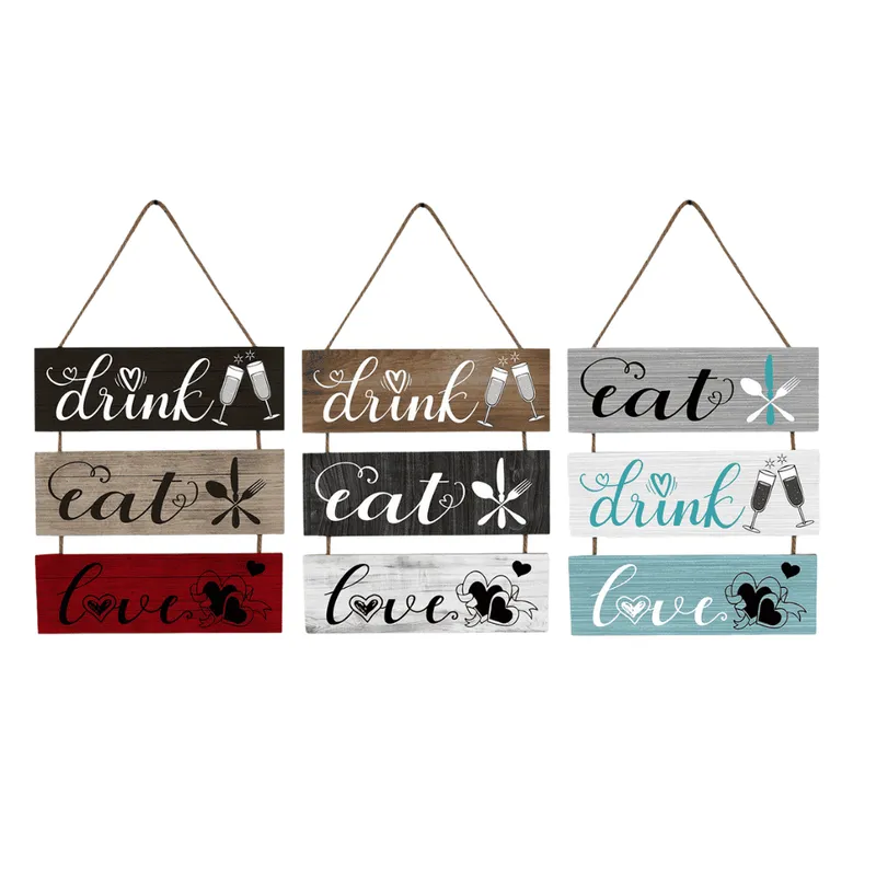 Wooden Hanging Sign Set – Drink, Eat, Love Wall Decor - Image 1