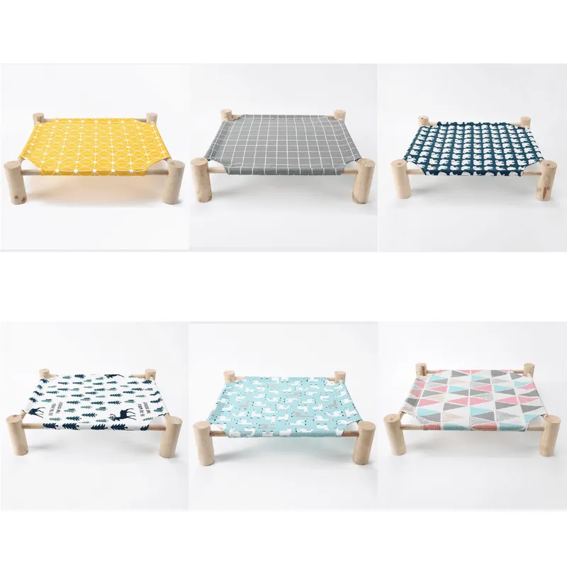 Wooden Elevated Cat Bed with Printed Fabric - Image 1