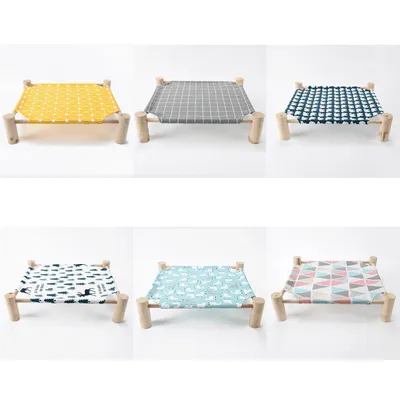 Wooden Elevated Cat Bed with Printed Fabric - 1