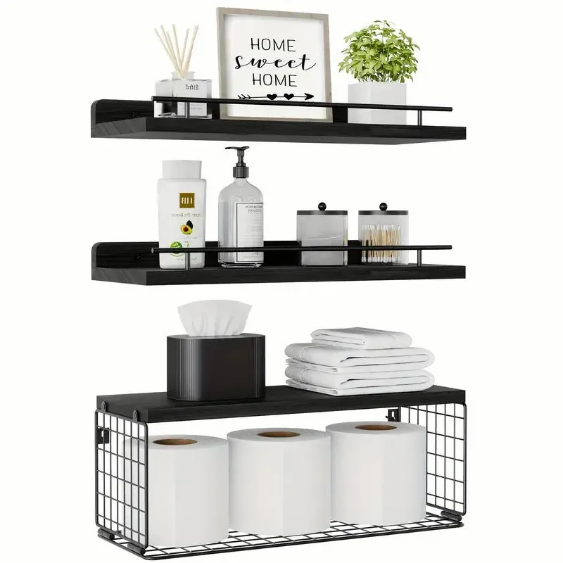Wall-Mounted Floating Shelves with Metal Basket - Image 1