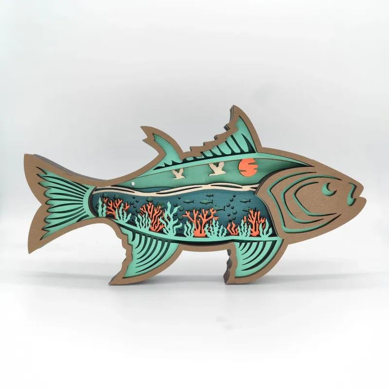 Wooden Carved Fish Craft – Layered Ocean Scene Home Desk Decoration - Image 1