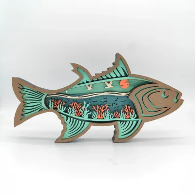 Wooden Carved Fish Craft – Layered Ocean Scene Home Desk Decoration - 1