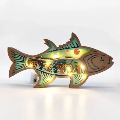 Wooden Carved Fish Craft – Layered Ocean Scene Home Desk Decoration - 2