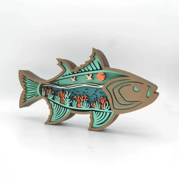 Wooden Carved Fish Craft – Layered Ocean Scene Home Desk Decoration - Image 3