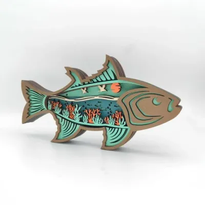 Wooden Carved Fish Craft – Layered Ocean Scene Home Desk Decoration - 3