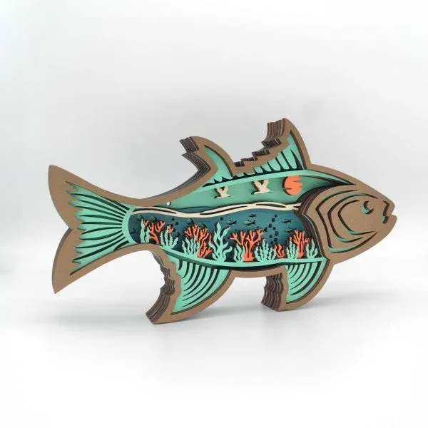Wooden Carved Fish Craft – Layered Ocean Scene Home Desk Decoration - Image 4