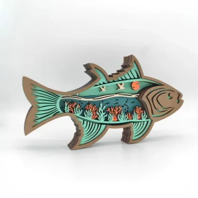 Wooden Carved Fish Craft – Layered Ocean Scene Home Desk Decoration - 4
