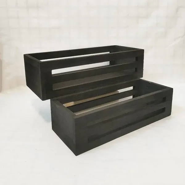 Rectangular Black Wooden Crate with Cut-Out Slats - Image 2