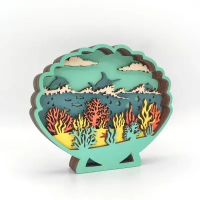 Wooden Carved Shell Craft – Layered Ocean Scene with Dolphins and Coral Reef - 3