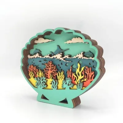 Wooden Carved Shell Craft – Layered Ocean Scene with Dolphins and Coral Reef - 4