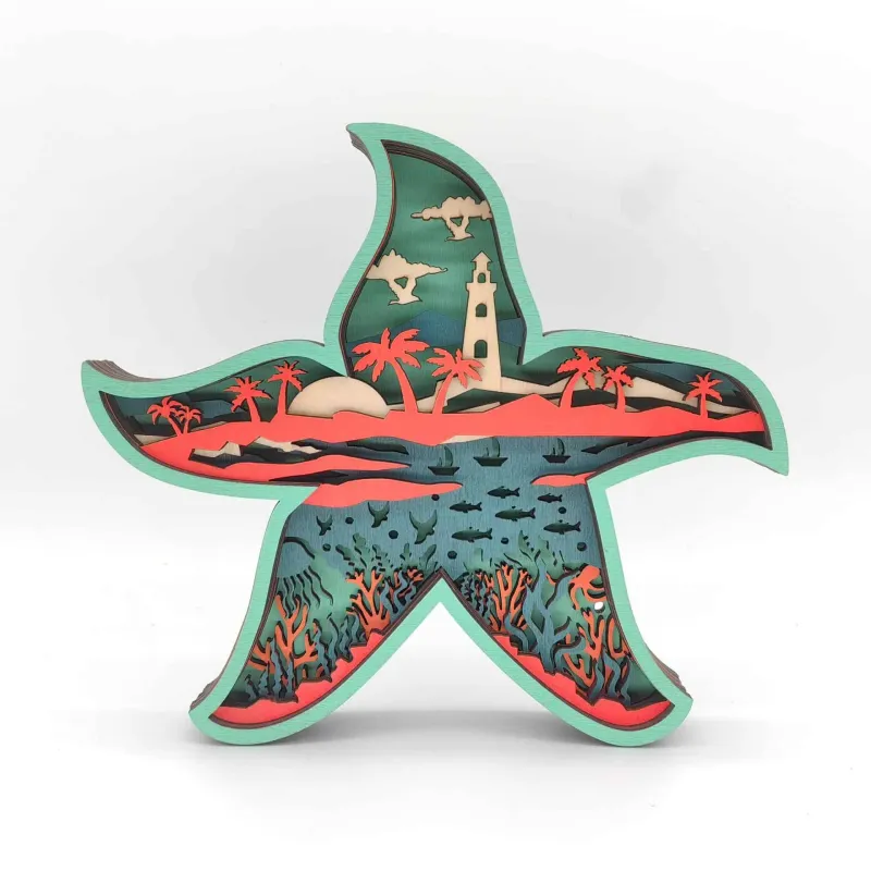 Wooden Carved Starfish Craft – Layered Ocean Scene Home Desk Decoration - Image 1