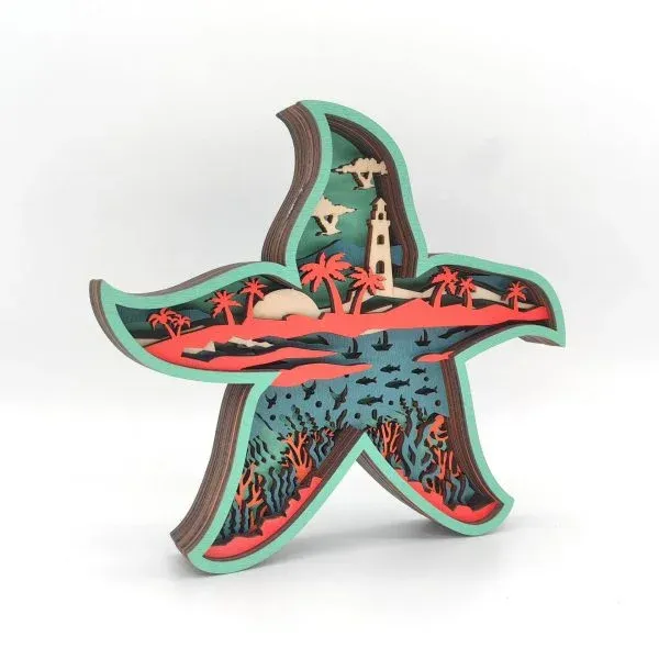 Wooden Carved Starfish Craft – Layered Ocean Scene Home Desk Decoration - Image 3