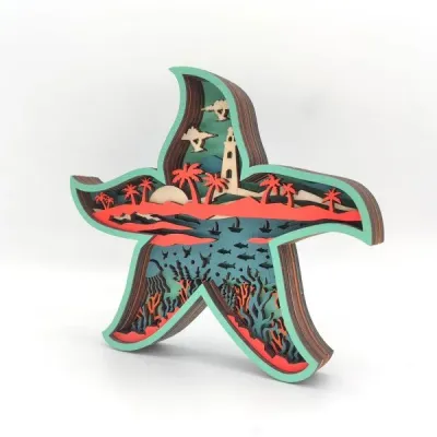 Wooden Carved Starfish Craft – Layered Ocean Scene Home Desk Decoration - 4