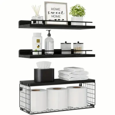 Wall-Mounted Floating Shelves with Metal Basket - 2