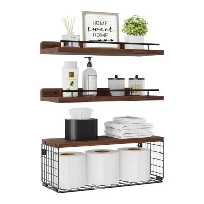 Wall-Mounted Floating Shelves with Metal Basket - 3