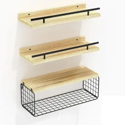 Wall-Mounted Floating Shelves with Metal Basket - 4