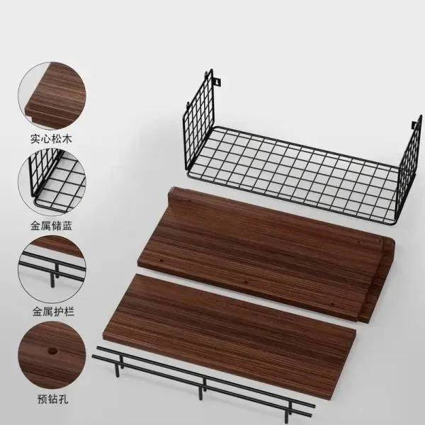 Wall-Mounted Floating Shelves with Metal Basket - Image 5