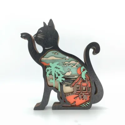 Wooden Cat Figurine with Layered Scenic Design – Handcrafted Decorative Art - 1