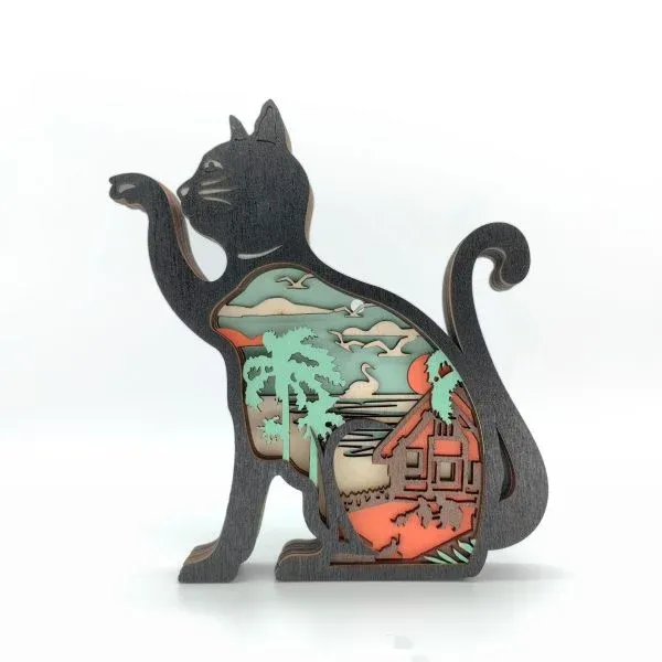 Wooden Cat Figurine with Layered Scenic Design – Handcrafted Decorative Art - Image 2