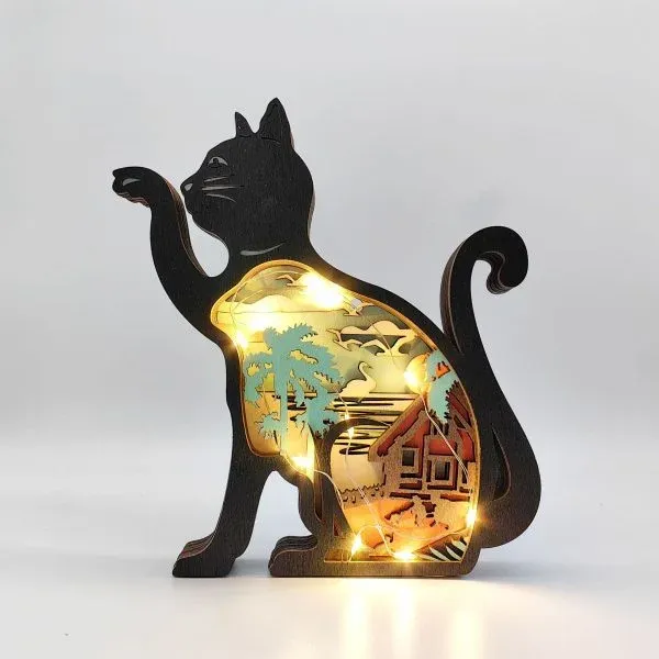 Wooden Cat Figurine with Layered Scenic Design – Handcrafted Decorative Art - Image 3