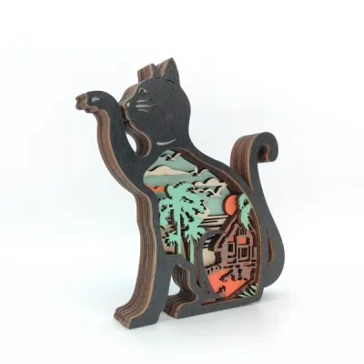 Wooden Cat Figurine with Layered Scenic Design – Handcrafted Decorative Art - 4