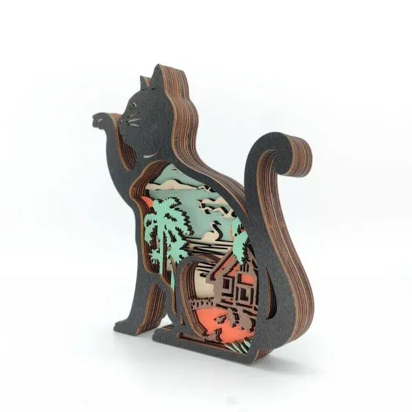 Wooden Cat Figurine with Layered Scenic Design – Handcrafted Decorative Art - Image 5
