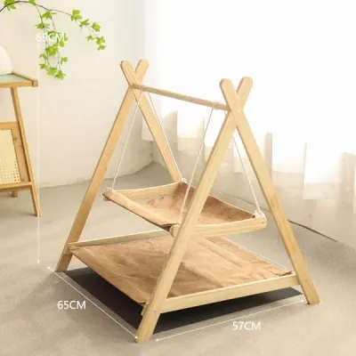 Wooden Cat Swing Bed – A-Frame Elevated Cradle & Hammock for Cats - 3