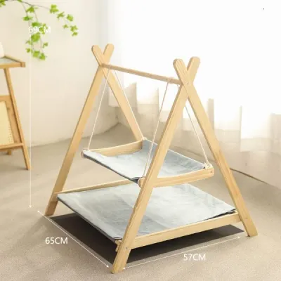 Wooden Cat Swing Bed – A-Frame Elevated Cradle & Hammock for Cats - 4