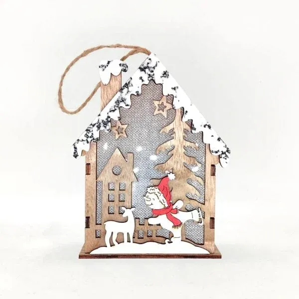 Wooden Christmas House Ornament – Santa Sleigh Scene with Snow Accents - Image 3