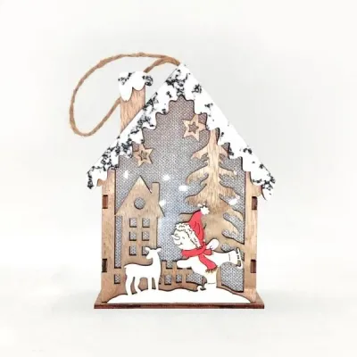 Wooden Christmas House Ornament – Santa Sleigh Scene with Snow Accents - 3