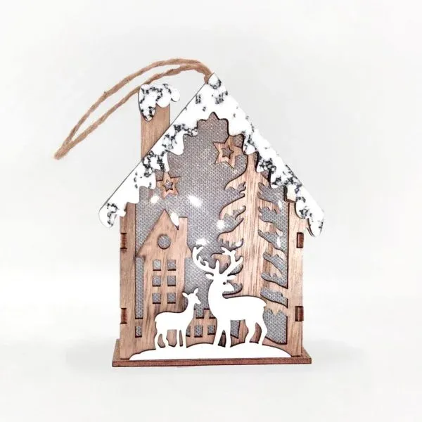 Wooden Christmas House Ornament – Santa Sleigh Scene with Snow Accents - Image 4