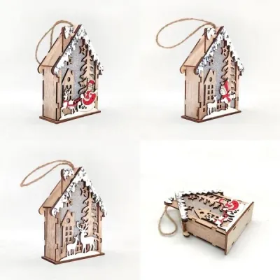 Wooden Christmas House Ornament – Santa Sleigh Scene with Snow Accents - 7