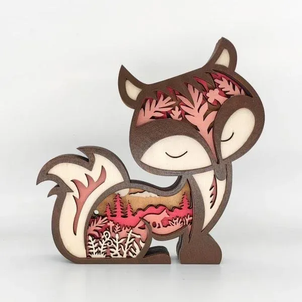 Wooden Fox Figurine – Layered Forest Scene Animal Art Decoration - Image 2