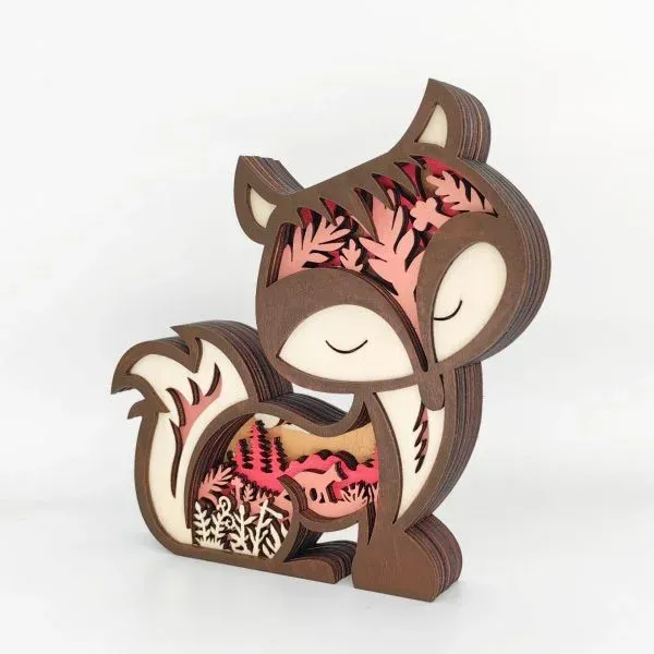 Wooden Fox Figurine – Layered Forest Scene Animal Art Decoration - Image 4