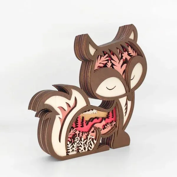 Wooden Fox Figurine – Layered Forest Scene Animal Art Decoration - Image 5