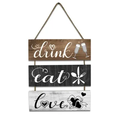 Wooden Hanging Sign Set – Drink, Eat, Love Wall Decor - 3