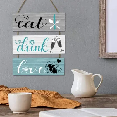 Wooden Hanging Sign Set – Drink, Eat, Love Wall Decor - 6