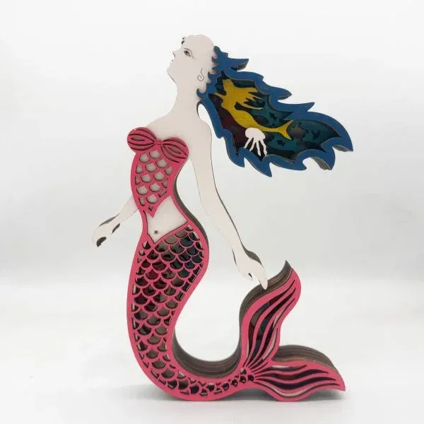 Wooden Mermaid Figurine – Layered Ocean-Themed Decorative Sculpture - Image 2