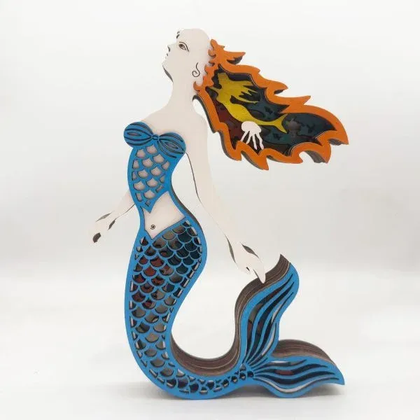 Wooden Mermaid Figurine – Layered Ocean-Themed Decorative Sculpture - Image 3