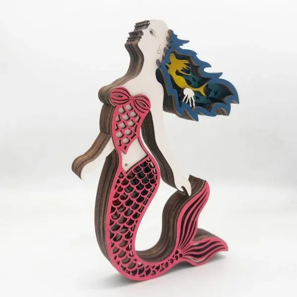 Wooden Mermaid Figurine – Layered Ocean-Themed Decorative Sculpture - Image 4