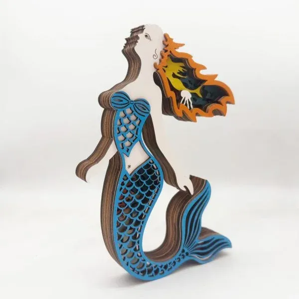 Wooden Mermaid Figurine – Layered Ocean-Themed Decorative Sculpture - Image 5