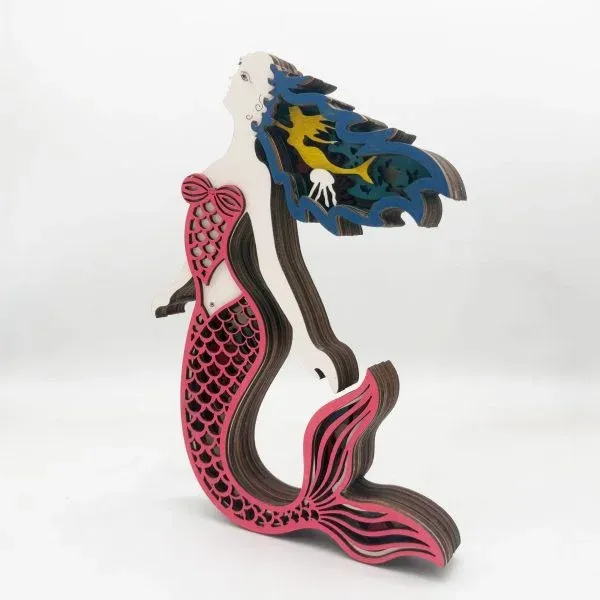 Wooden Mermaid Figurine – Layered Ocean-Themed Decorative Sculpture - Image 6