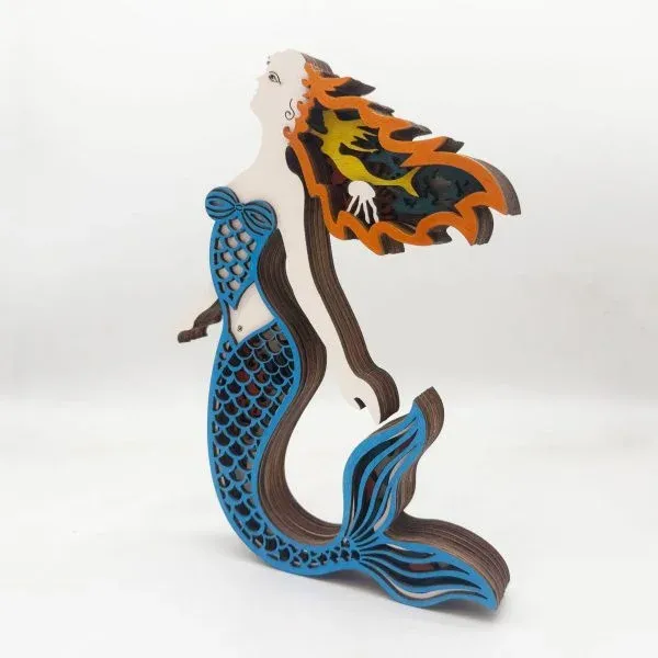 Wooden Mermaid Figurine – Layered Ocean-Themed Decorative Sculpture - Image 7