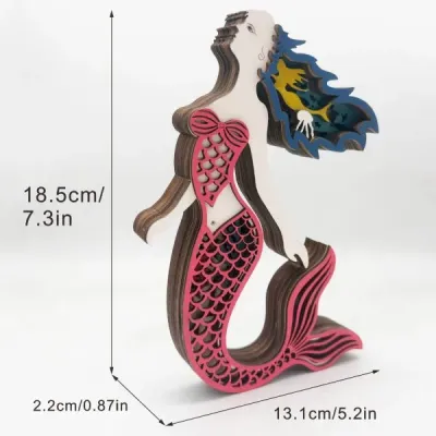 Wooden Mermaid Figurine – Layered Ocean-Themed Decorative Sculpture - 9