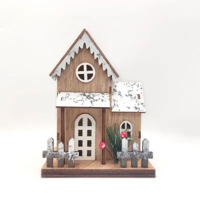 Wooden Snow-Covered Christmas House – Rustic Holiday Tabletop Decoration - 4
