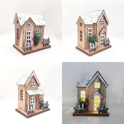 Wooden Snow-Covered Christmas House – Rustic Holiday Tabletop Decoration - 7