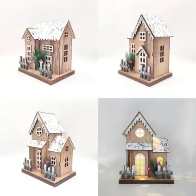 Wooden Snow-Covered Christmas House – Rustic Holiday Tabletop Decoration - 8