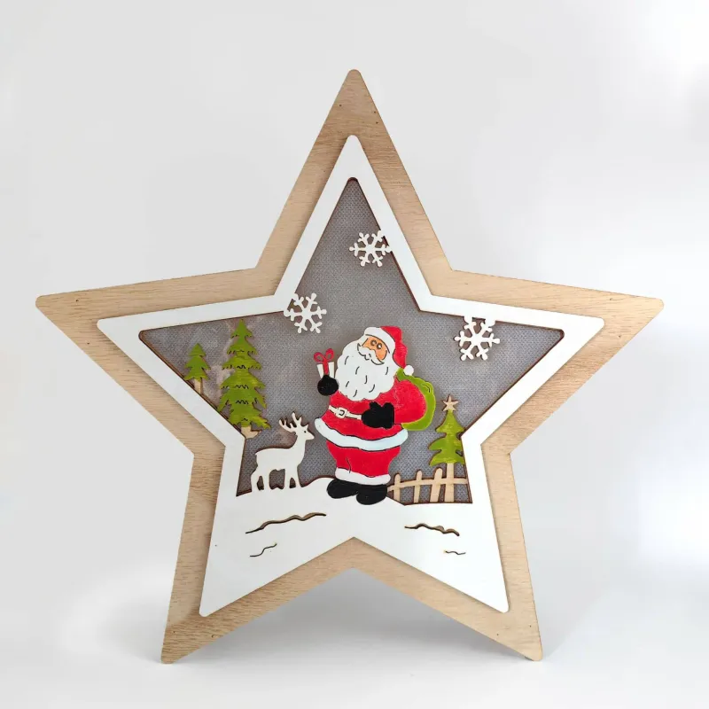 Wooden Star Christmas Decoration – Santa & Reindeer Scene Holiday Ornament - Image 1