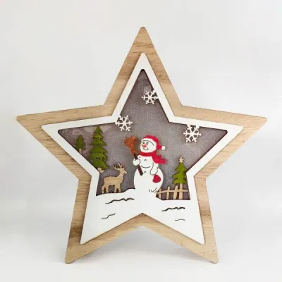 Wooden Star Christmas Decoration – Santa & Reindeer Scene Holiday Ornament - 3